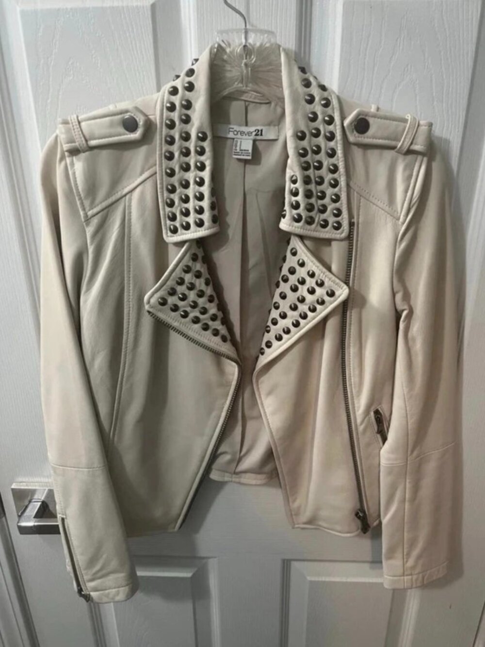 Forever21 Women's Beige Leather Studded Zip Lined Biker Jacket